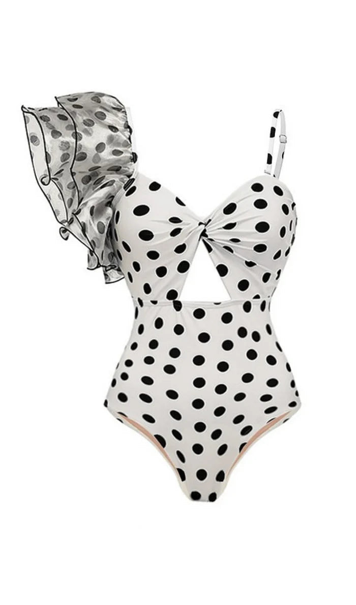 Keira One-Shoulder Ruffles Polka Dots Swimwear