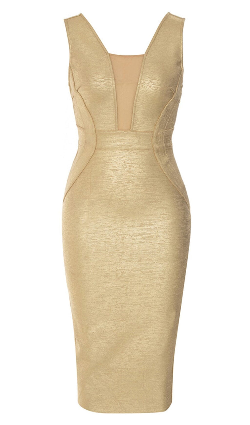 Beyza Plunge Mesh Bandage Midi Dress In Gold
