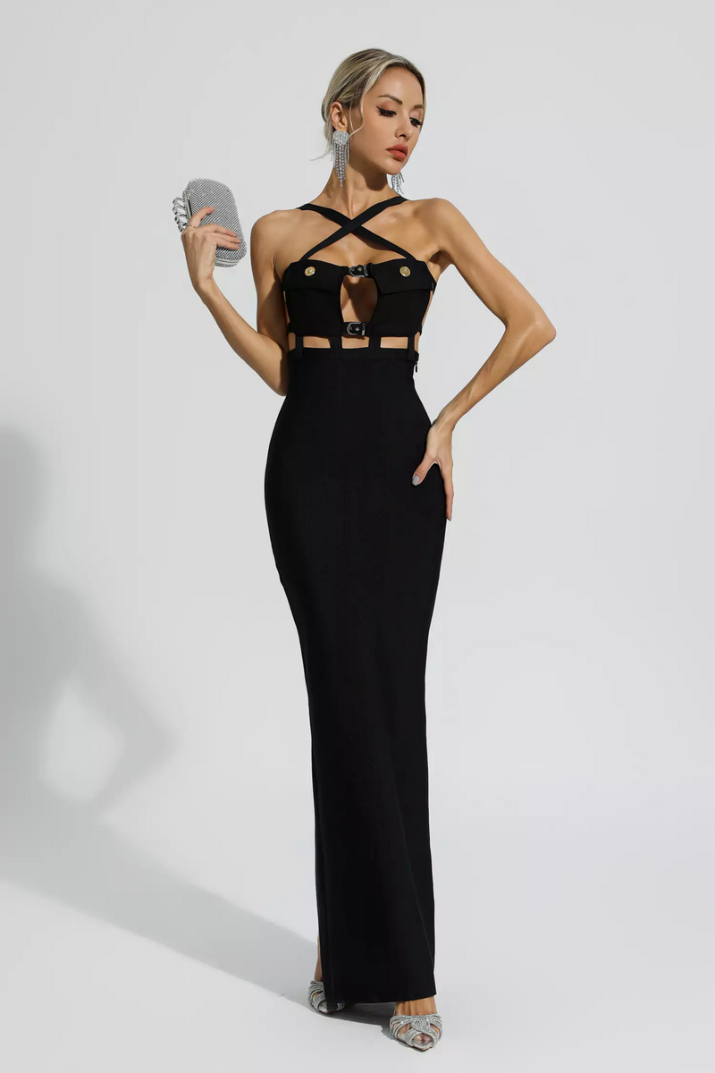 Remy Cross Halter Pocket Bandage Maxi Dress