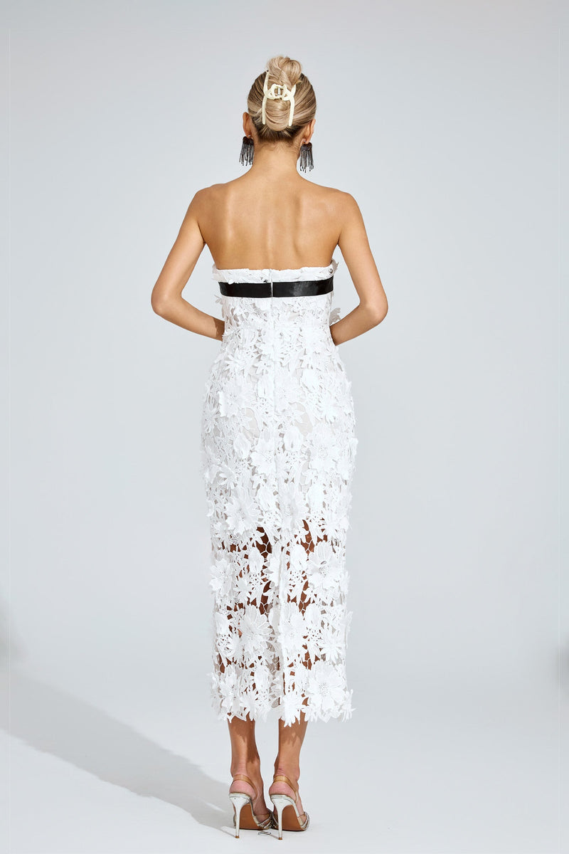 Dyzor Floral Lace Midi Dress In White