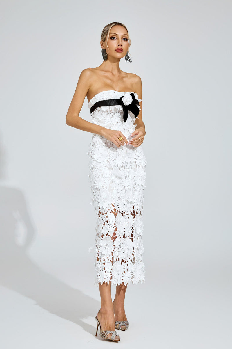 Dyzor Floral Lace Midi Dress In White