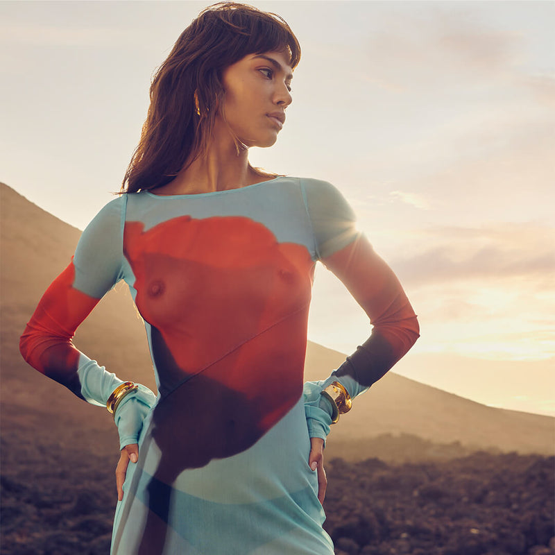 Qirat Printed Mesh Maxi Dress