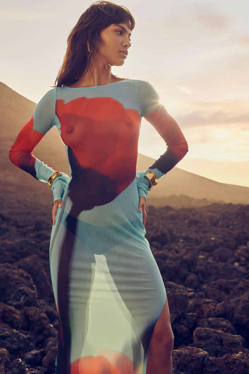 Qirat Printed Mesh Maxi Dress