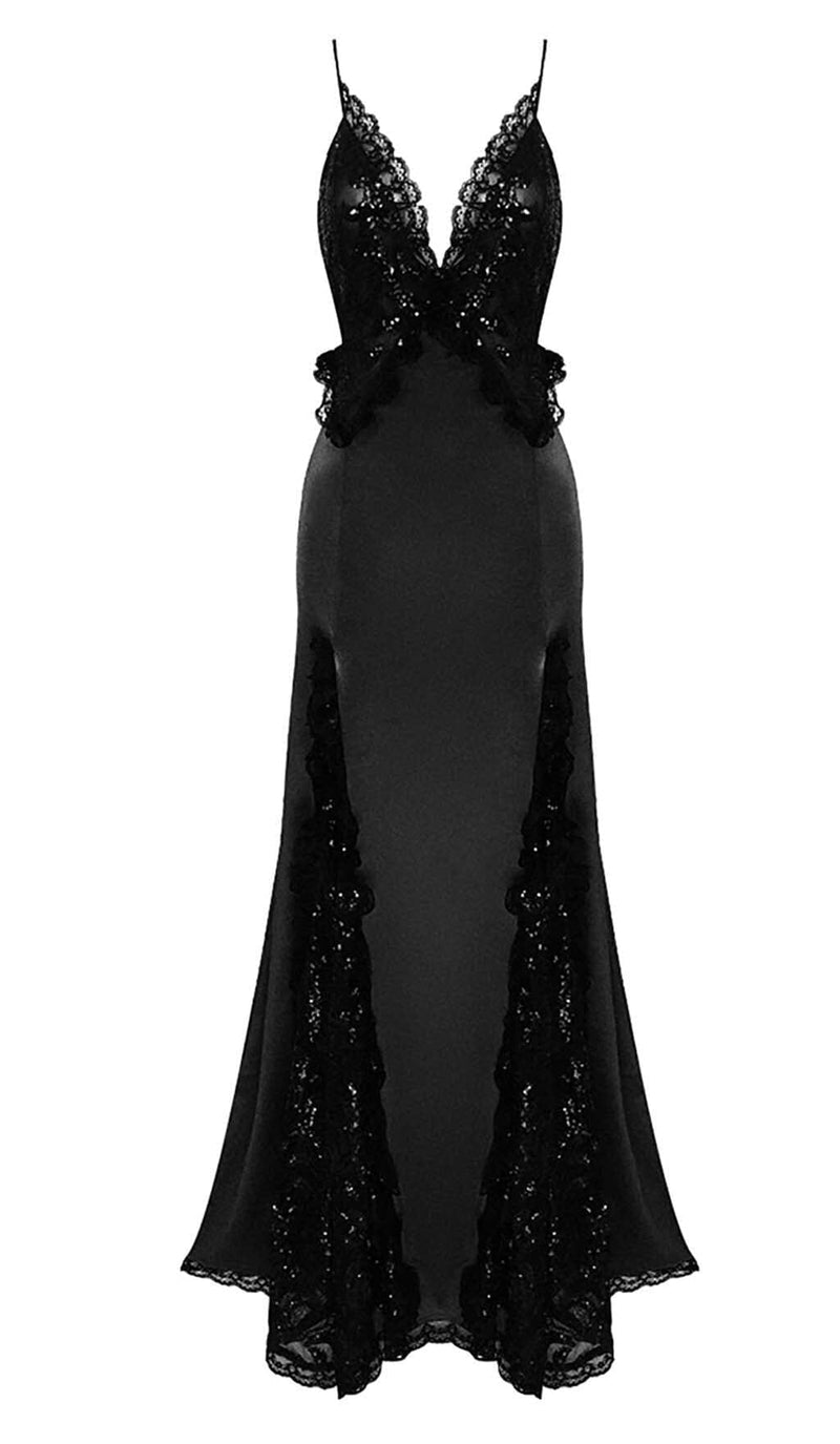 Lori Ruffled Silk Satin Maxi Dress In Black