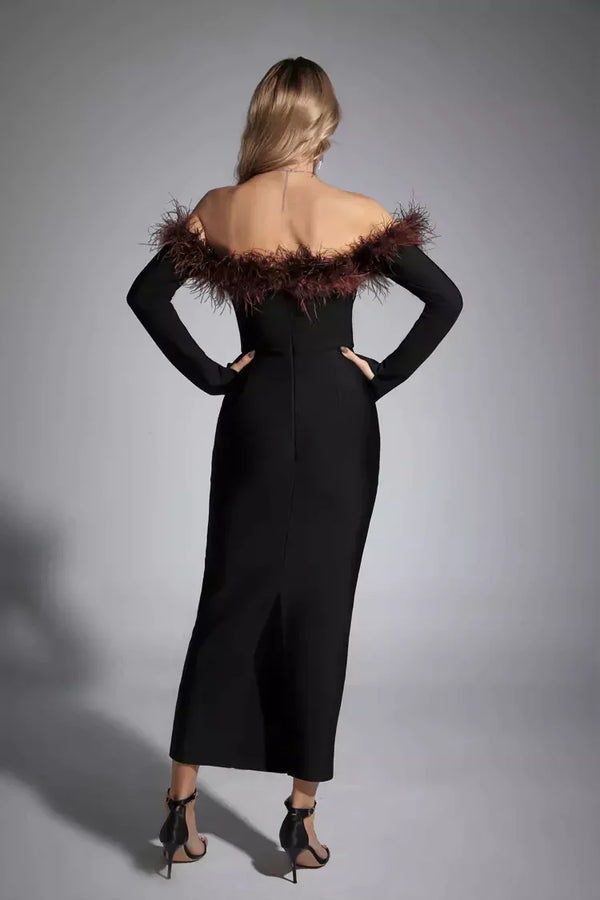 Stella Black Feather Long Sleeve Dress