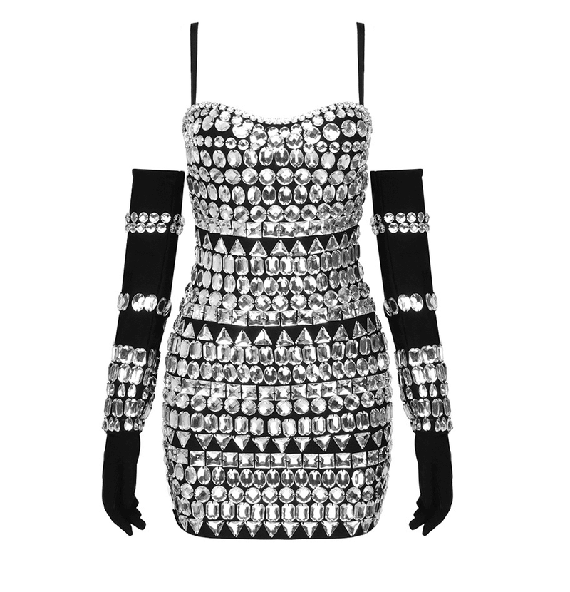 Naviya Crystal Embellished Bandage Dress With Gloves