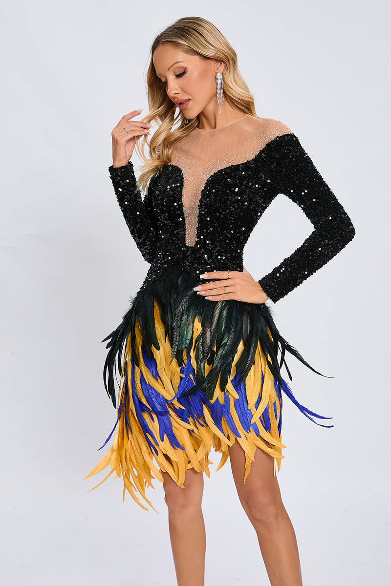 Canika Sequin Feather-Embellished Mini Dress