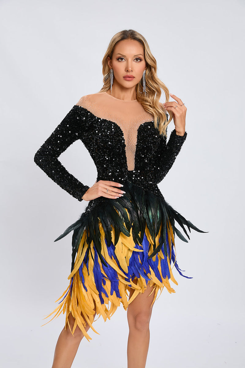 Canika Sequin Feather-Embellished Mini Dress