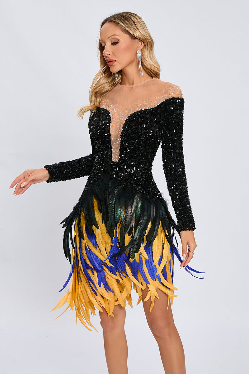 Canika Sequin Feather-Embellished Mini Dress