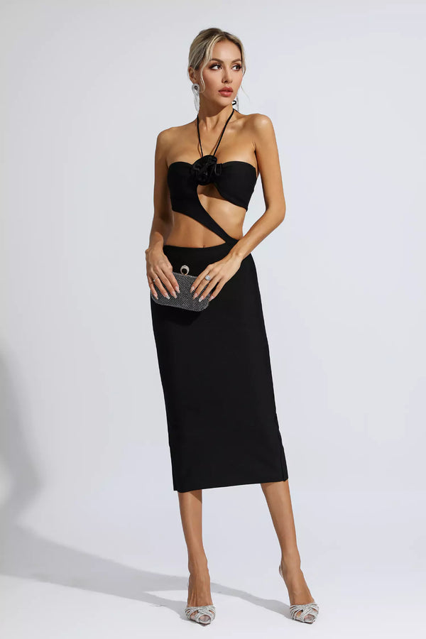 Vlafa Floral Cutout Midi Dress In Black