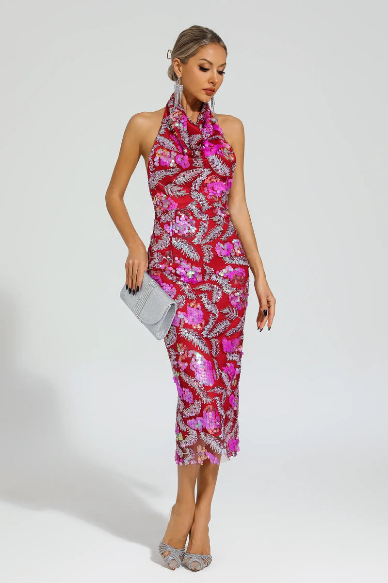Aocoa Rose Red Sequins Halter Dress