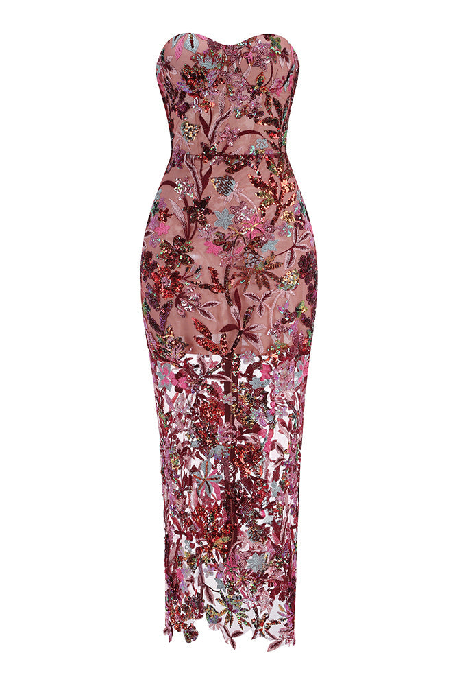Ereni Strapless Flower Sequin-embellished Mesh Dress in Red
