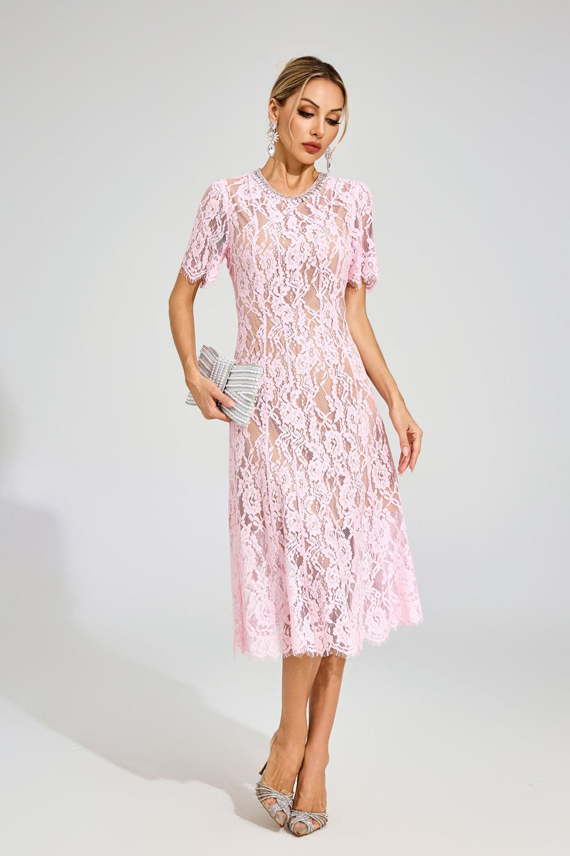 Fyrene Cutout Lace Midi Dress In Pink
