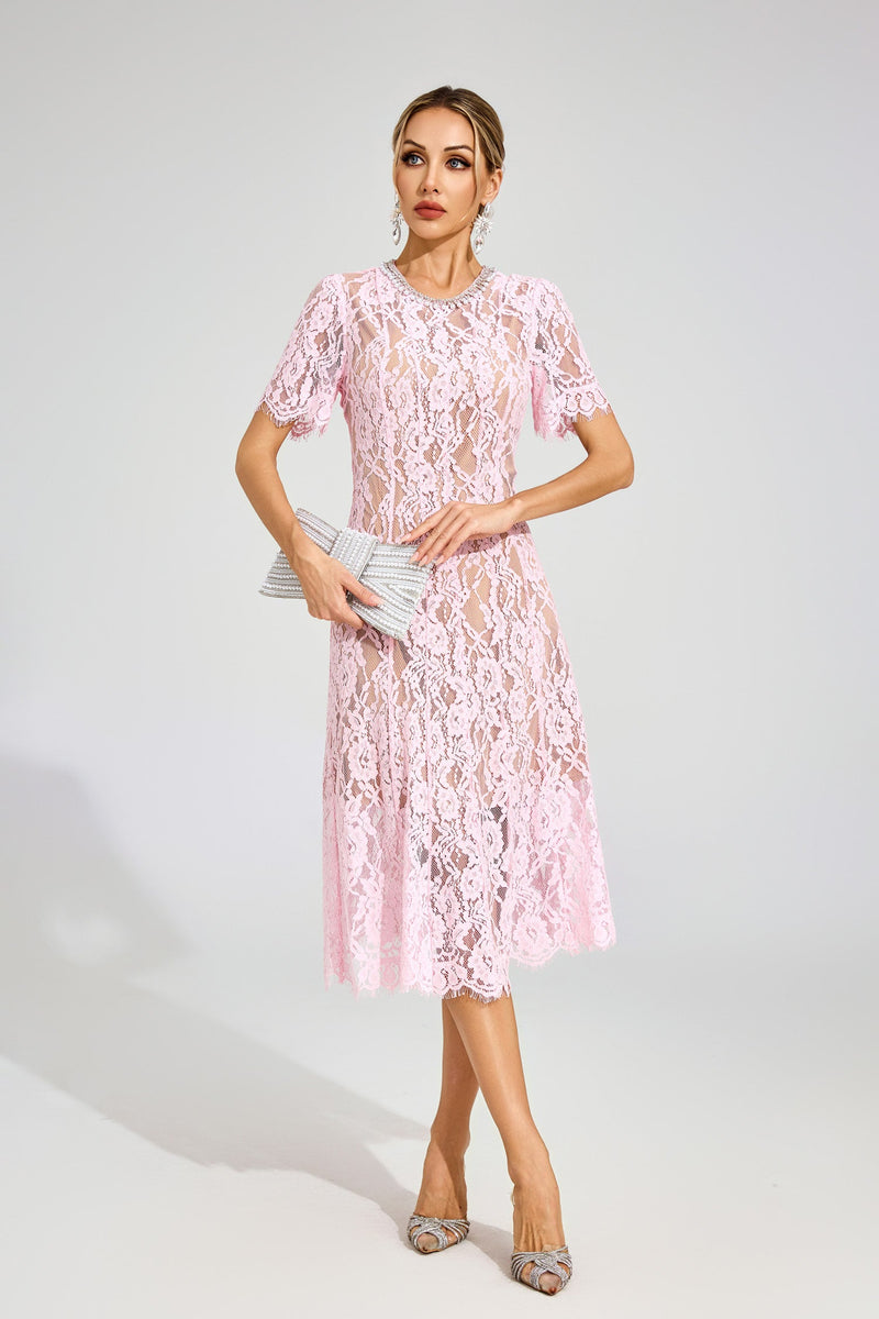 Fyrene Cutout Lace Midi Dress In Pink