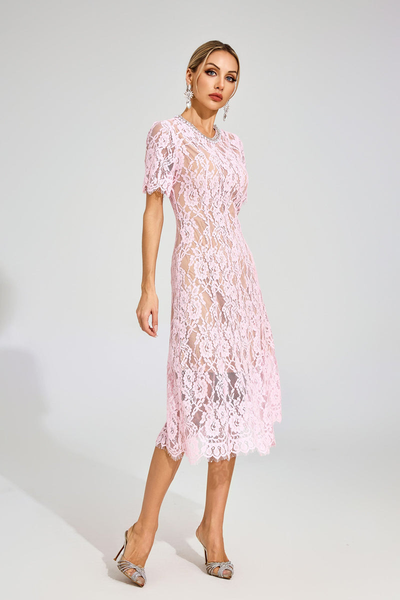 Fyrene Cutout Lace Midi Dress In Pink