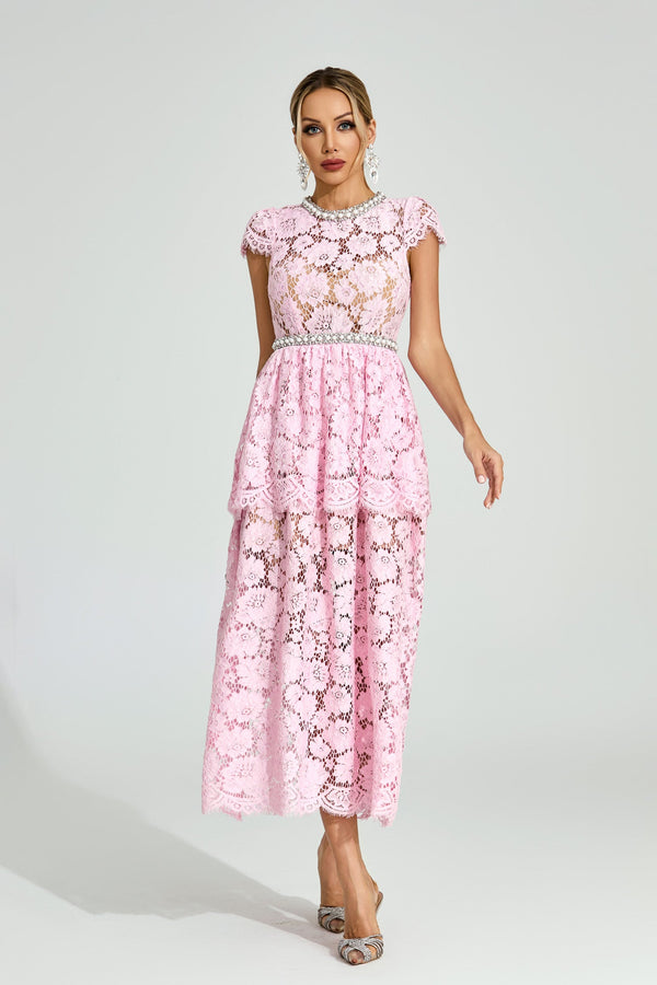 Fyraza Lace Embellished Maxi Dress In Pink