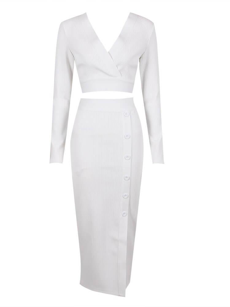 Charlotte V Neck Long Sleeve Bandage Set In White