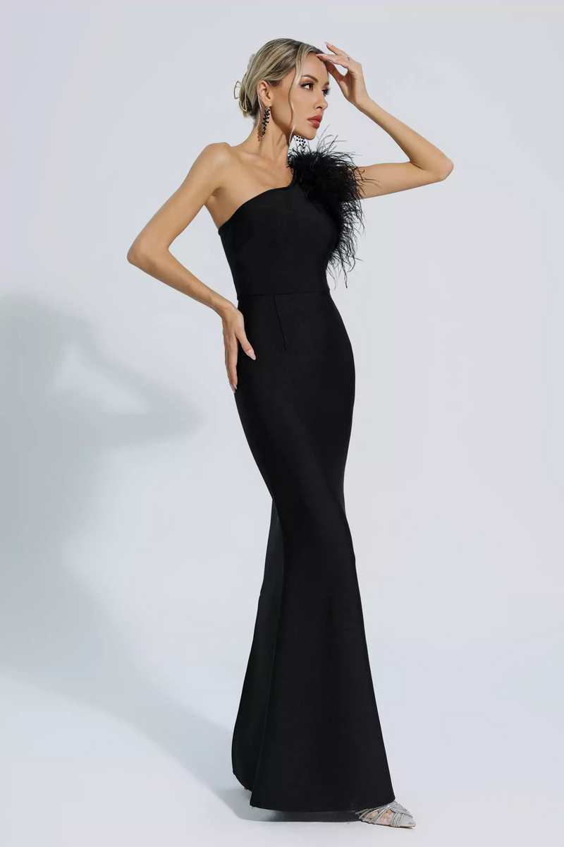 Geena One Shoulder Feather Bandage Dress In Black