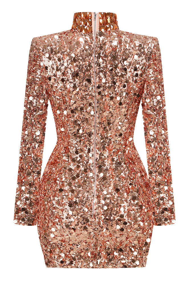 Hitka Rhinestone Sequin Embroidered Dress In Gold