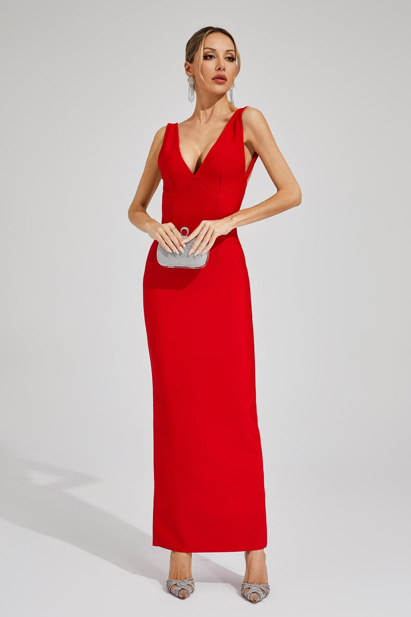 Pepita Backless V-neck Bandage Maxi Dress In Red
