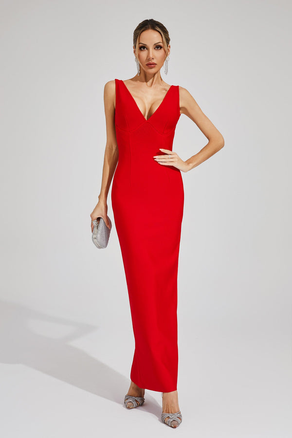 Pepita Backless V-neck Bandage Maxi Dress In Red