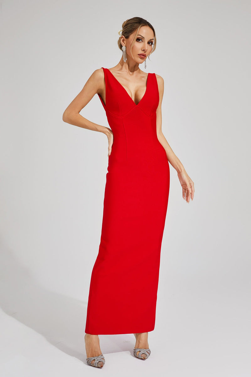 Pepita Backless V-neck Bandage Maxi Dress In Red