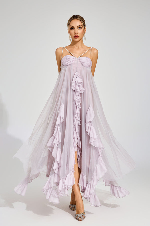 Eryxel Slit Mesh Maxi Dress In Purple