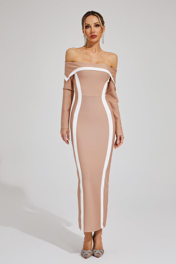 Cada Off Shoulder Bandage Maxi Dress In Apricot