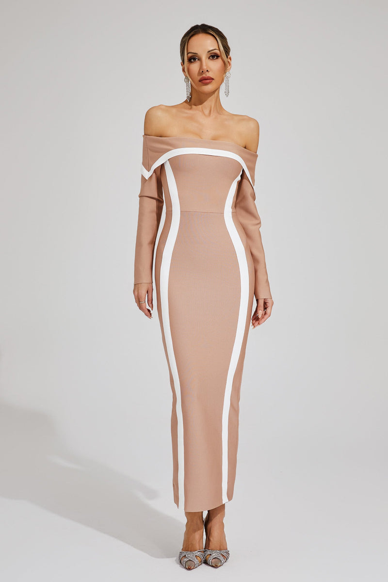 Cada Off Shoulder Bandage Maxi Dress In Apricot