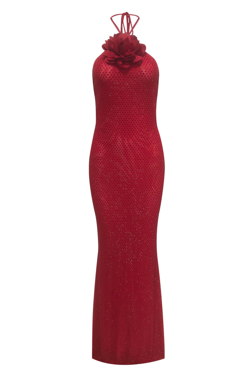 Calypsa 3D Flower Sequin Halter Maxi Dress In Red