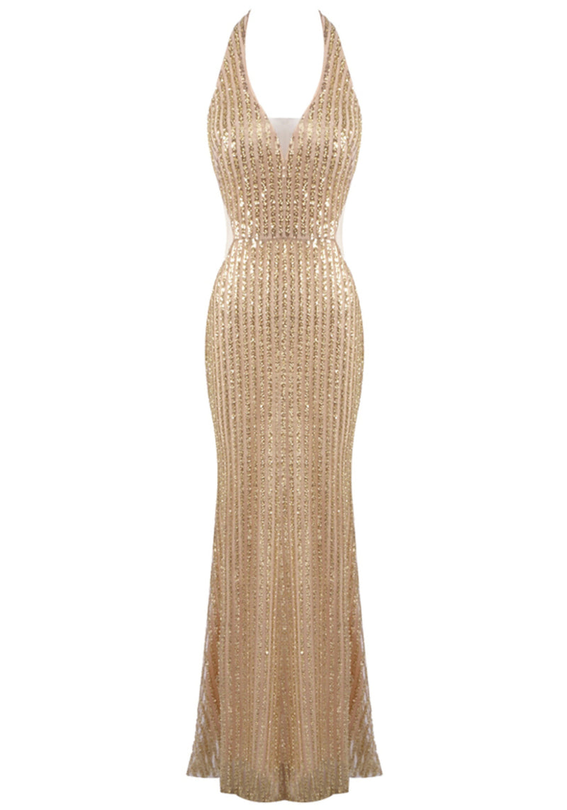 Hyrth Halter Sequin Maxi Dress In Gold