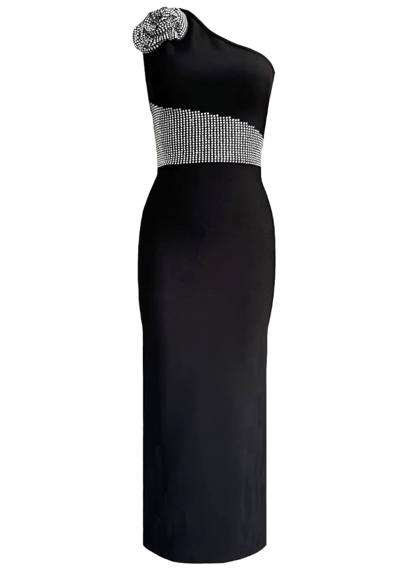 Wiebke One Shoulder Crystal Floral Detail Maxi Dress In Black