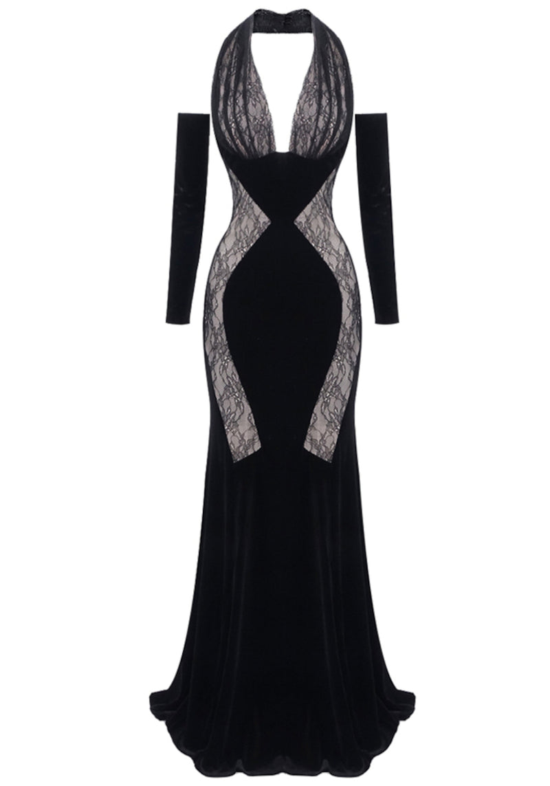 Brielle Long Sleeve Halter Lace Maxi Velvet Dress In Black