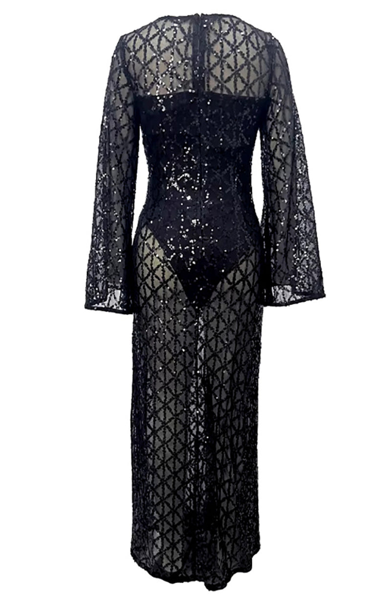 Eadward Long Sleeve Sequin Maxi Dress In Black