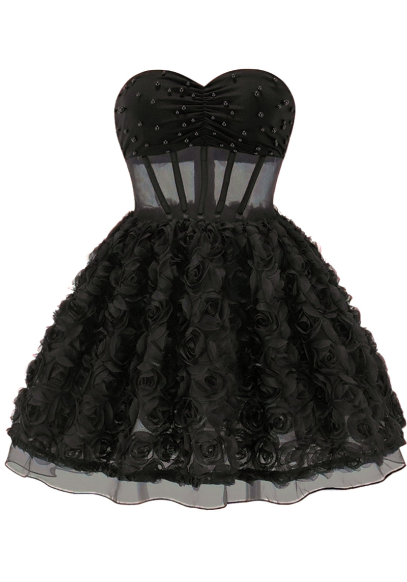 Osorio Strapless 3D Floral A Line Mini Dress In Black