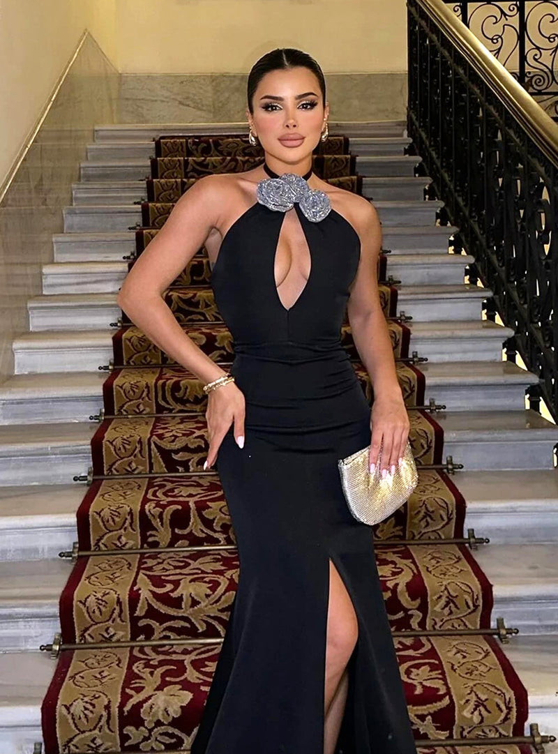 Amanda Halter Flower Detail Maxi Dress In Black