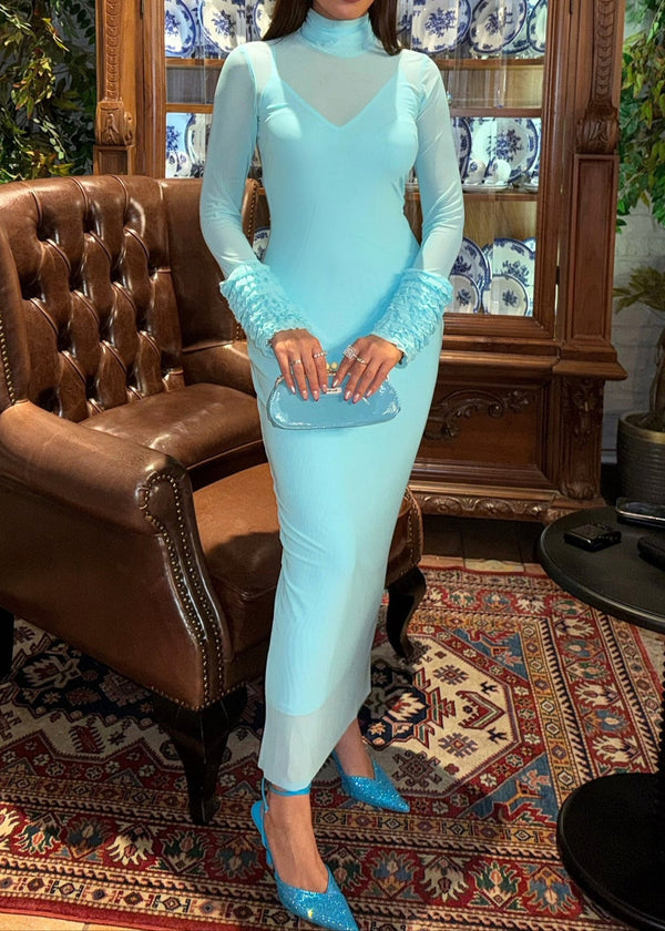 Avaldric Ruffle Long Sleeve Mesh Maxi Dress In Turquoise