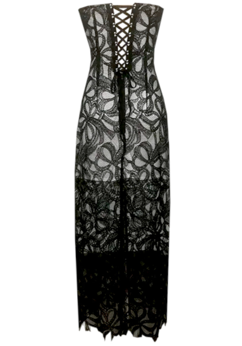 Avena Strapless Floral Corset Midi Dress In Black