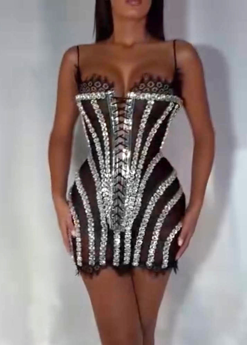 Myxal Crystal Lace Up Corset Mini Dress In Black