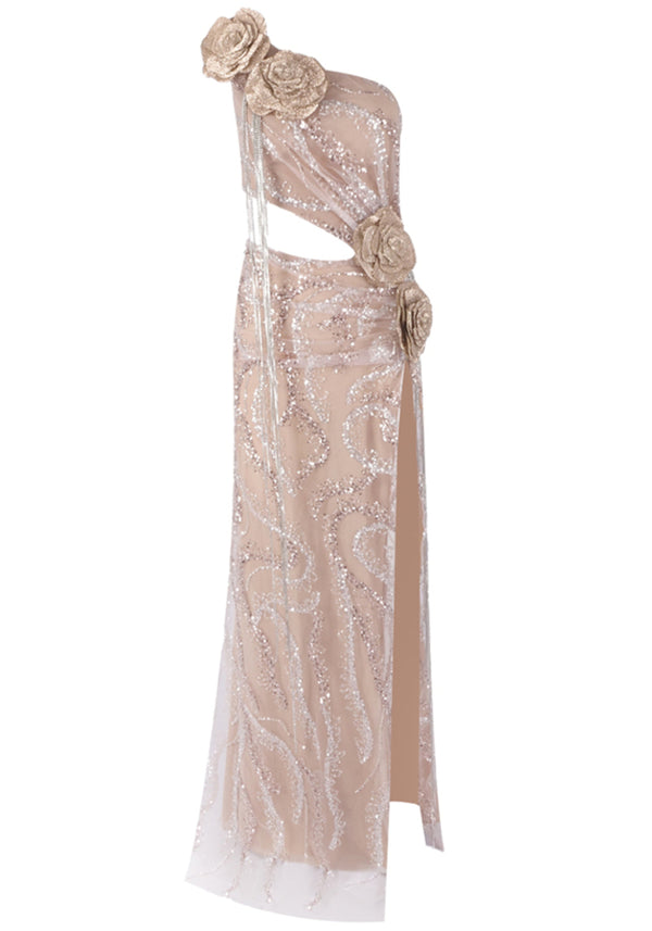 Jaqueen One Shoulder Floral Sequin Maxi Dress In Nude