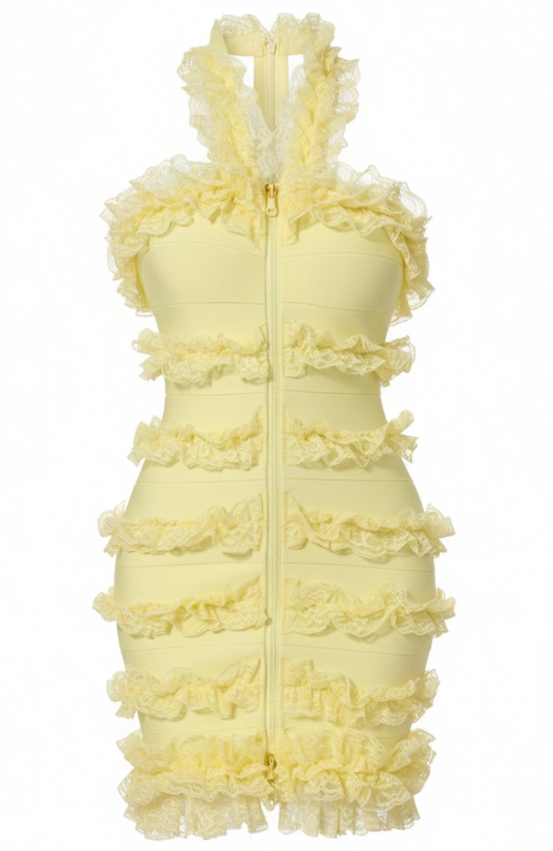 Aguirre Halter Lace Ruffle Mini Dress In Yellow