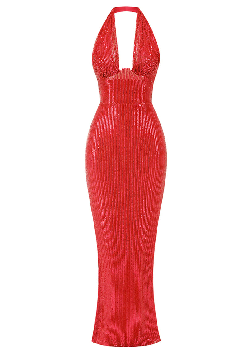 Barron Halter Sequin Embellished Gown In Red
