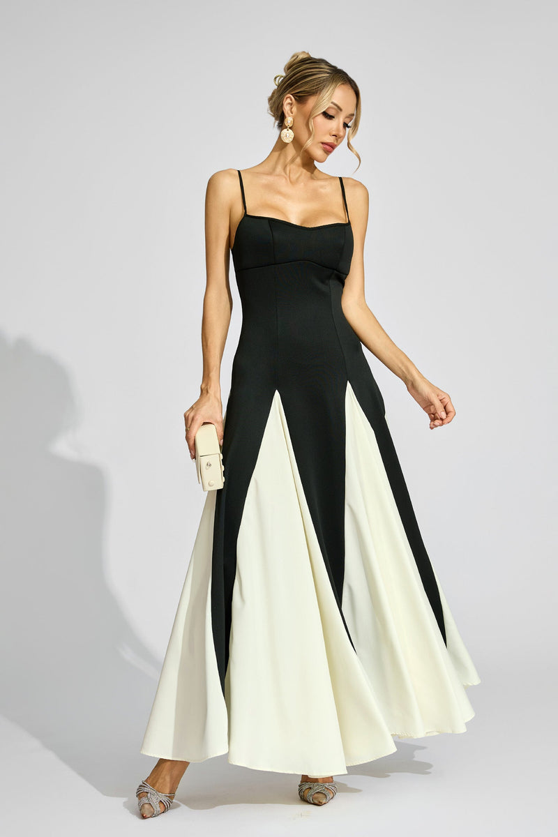 Clotilde Contrast Color Suspender Maxi Dress In Black