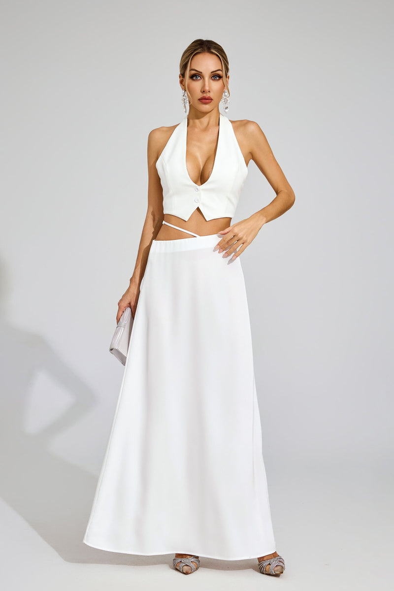 Susie Silk Crop Top Maxi Skirts 2 Pieces Sets In White