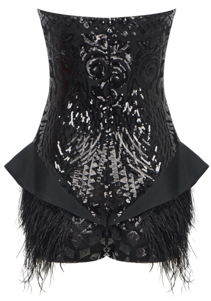 Colter Strapless Sequin Feather Bodysuit In Black
