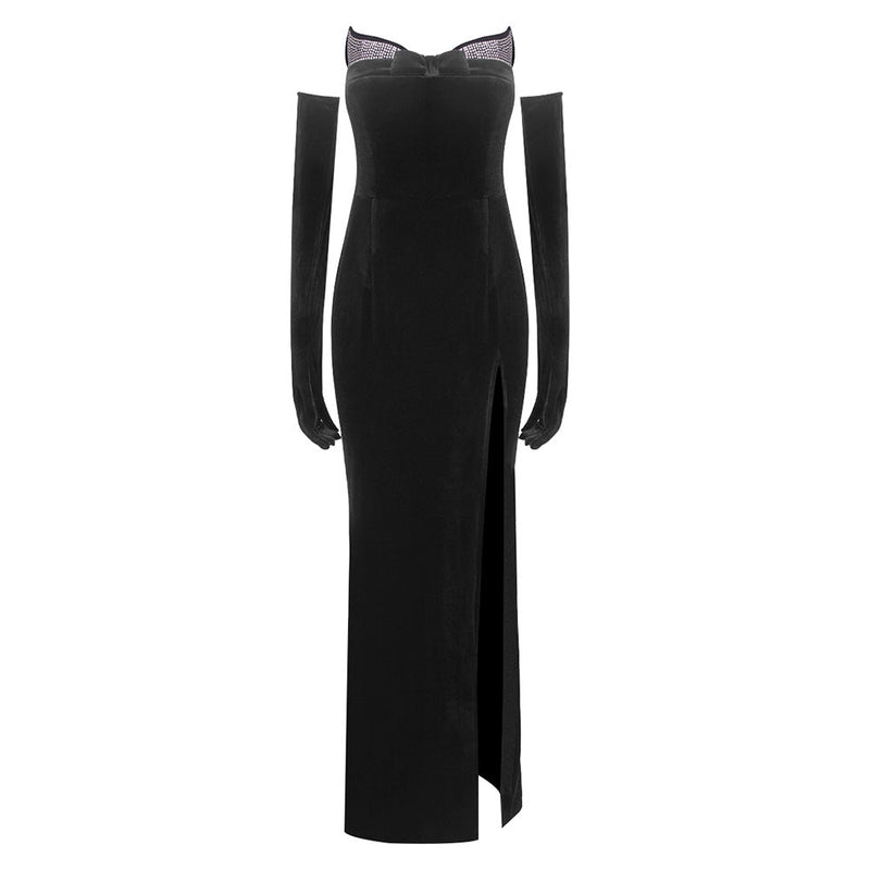 Marne Strapless Embellished Maxi Velvet Dress In Black