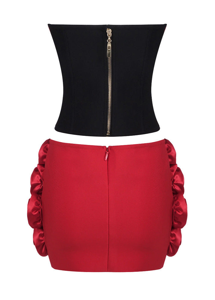 Choncey Strapless Floral Two Piece Corset Dress In Black Red