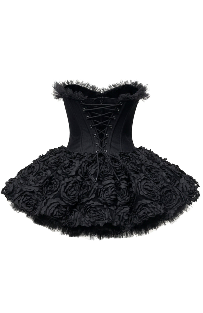 Lizzie Strapless Petal Floral Corset A Line Mini Dress In Black