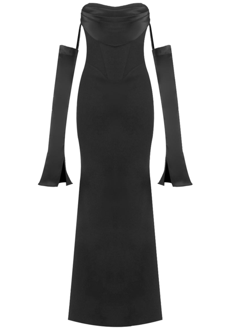 Radka Long Sleeve Strapless Draped Maxi Dress In Black