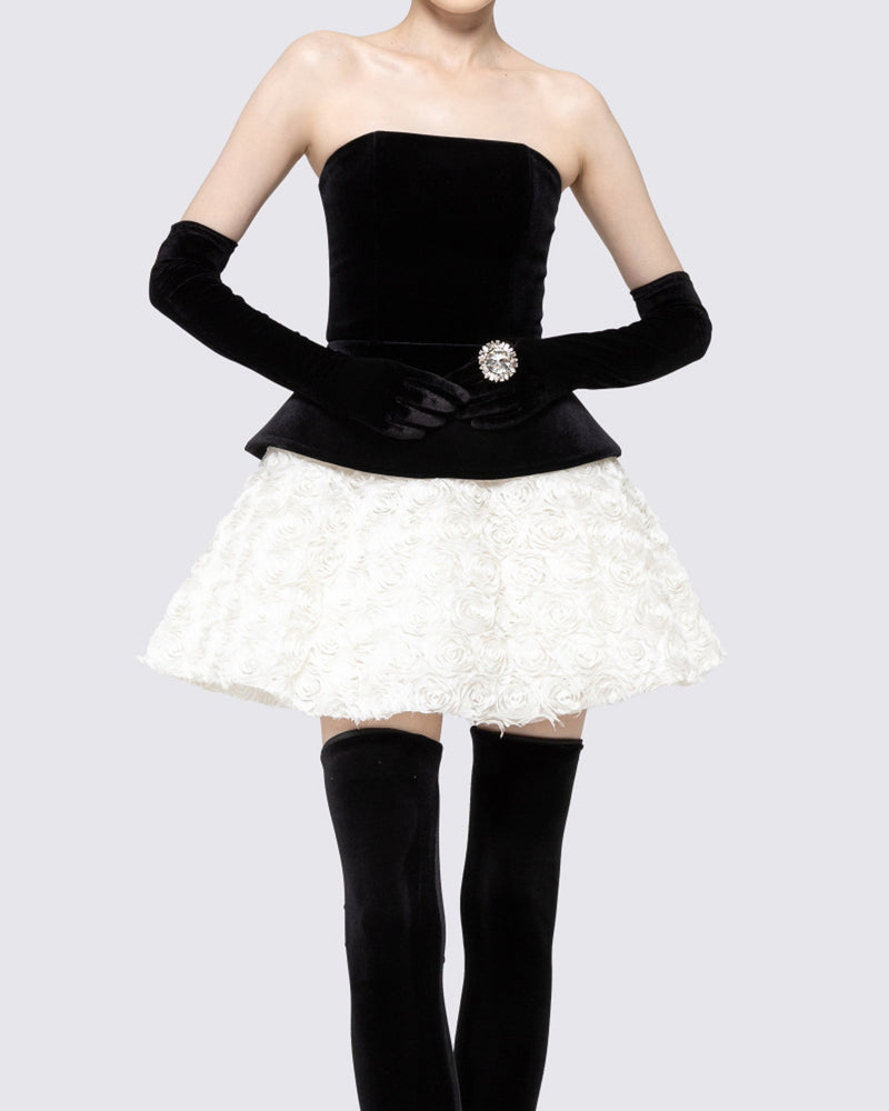 Renaud Strapless Corset Floral A Line Velvet Mini Dress In Black White